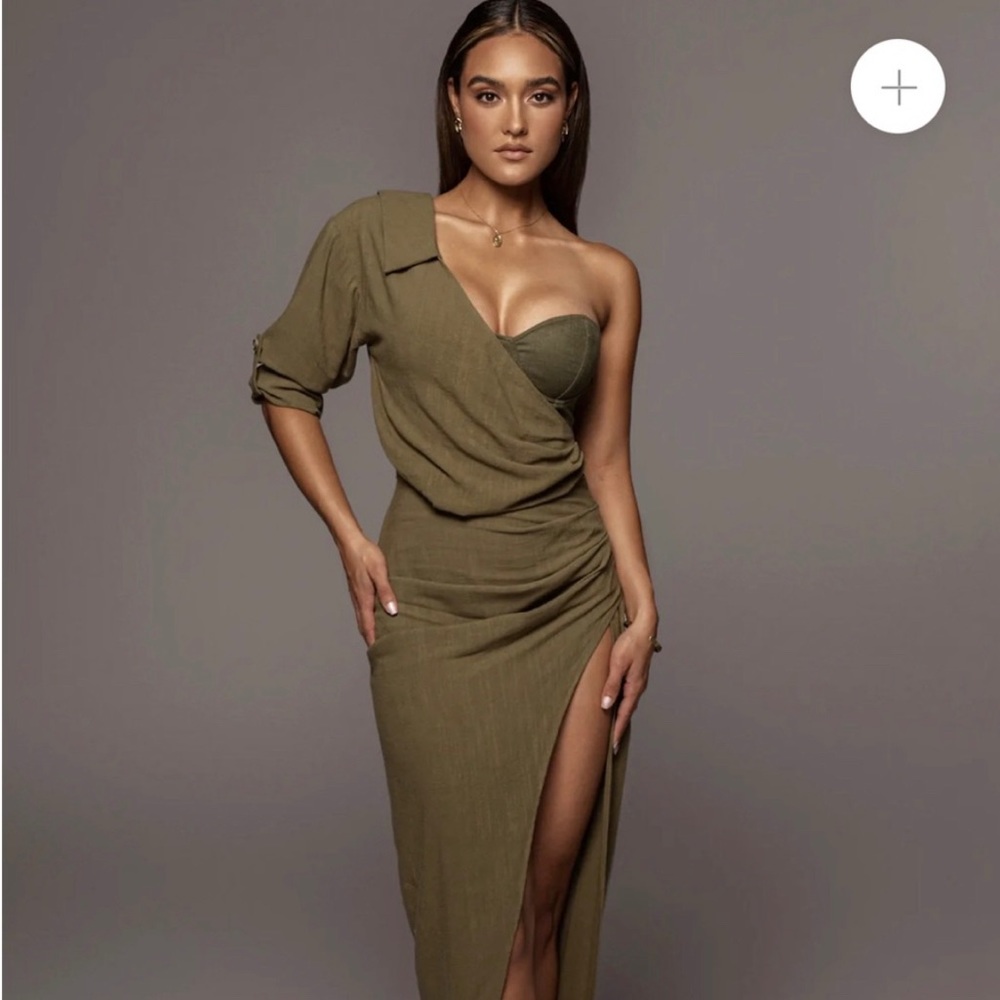 Olive Evita Linen Draped Dress JLUXLABEL FIRM ON PRICE!!! Brand New With Tags